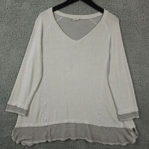 Et Lois Tunic Top Womens Medium White Black Striped Waffle Thermal Knit V Neck